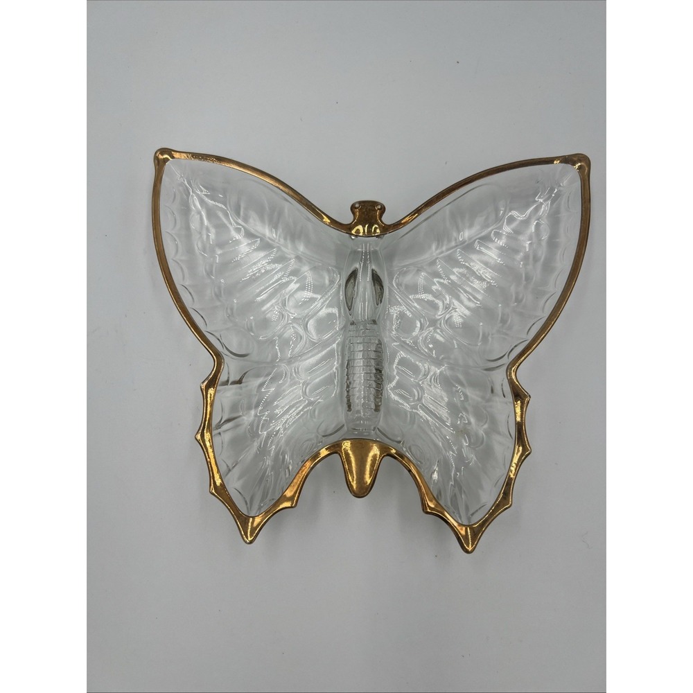 Butterfly Shaped Trinket Dish - Vtg Jeannette Glass‎ Candy Nut Jewelry Gold Trim